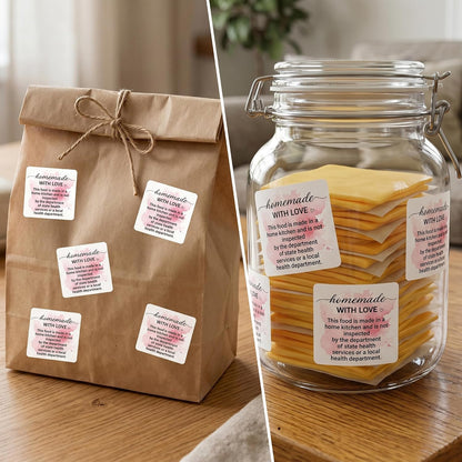 Cottage Food Law Labels Stickers - 500 Count Homemade with Love Adhesive Round Decal Roll, Made in a Home Kitchen Inspection Statement Thermal Printed for Baked Food Packaging (2 x 2 Inch)