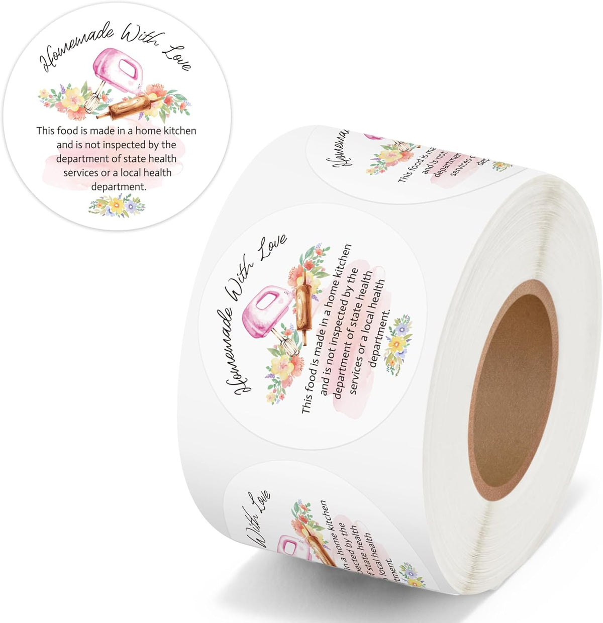 Cottage Food Law Labels Stickers - 500 Count Homemade with Love Adhesive Round Decal Roll, Made in a Home Kitchen Inspection Statement Thermal Printed for Baked Food Packaging (2 x 2 Inch)