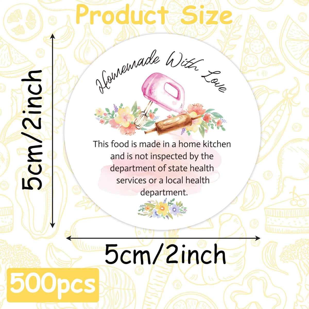 Cottage Food Law Labels Stickers - 500 Count Homemade with Love Adhesive Round Decal Roll, Made in a Home Kitchen Inspection Statement Thermal Printed for Baked Food Packaging (2 x 2 Inch)