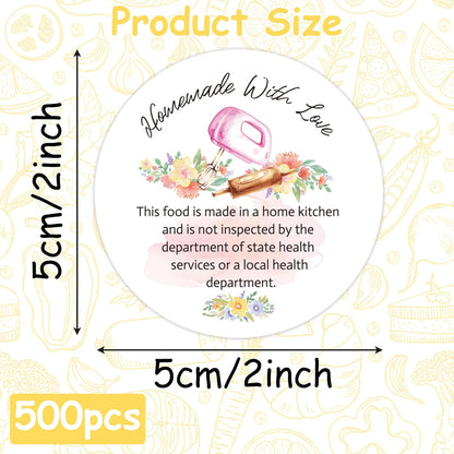 Cottage Food Law Labels Stickers - 500 Count Homemade with Love Adhesive Round Decal Roll, Made in a Home Kitchen Inspection Statement Thermal Printed for Baked Food Packaging (2 x 2 Inch)