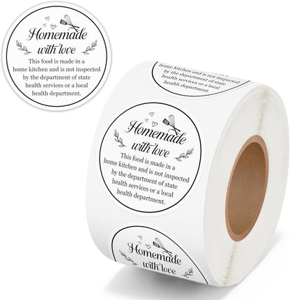 Cottage Food Law Labels Stickers - 500 Count Homemade with Love Adhesive Round Decal Roll, Made in a Home Kitchen Inspection Statement Thermal Printed for Baked Food Packaging (2 x 2 Inch)