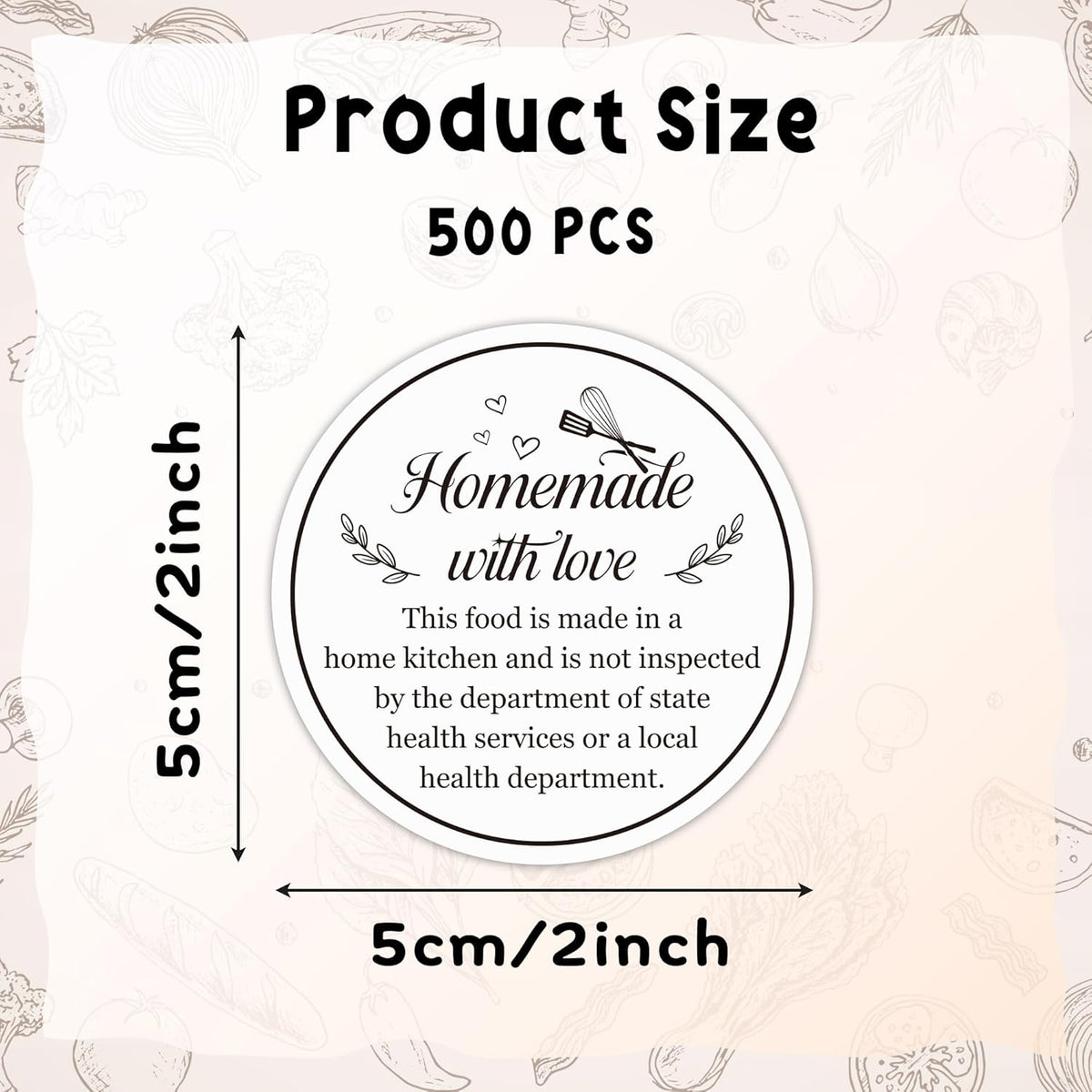 Cottage Food Law Labels Stickers - 500 Count Homemade with Love Adhesive Round Decal Roll, Made in a Home Kitchen Inspection Statement Thermal Printed for Baked Food Packaging (2 x 2 Inch)
