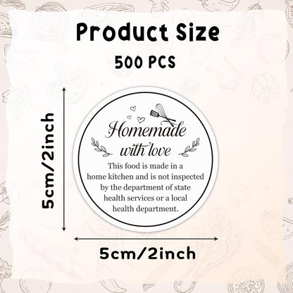 Cottage Food Law Labels Stickers - 500 Count Homemade with Love Adhesive Round Decal Roll, Made in a Home Kitchen Inspection Statement Thermal Printed for Baked Food Packaging (2 x 2 Inch)