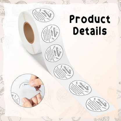 Cottage Food Law Labels Stickers - 500 Count Homemade with Love Adhesive Round Decal Roll, Made in a Home Kitchen Inspection Statement Thermal Printed for Baked Food Packaging (2 x 2 Inch)