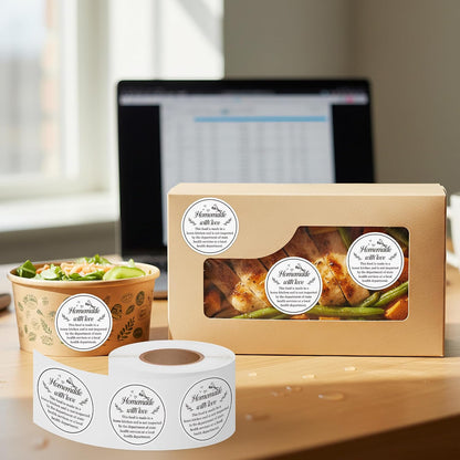Cottage Food Law Labels Stickers - 500 Count Homemade with Love Adhesive Round Decal Roll, Made in a Home Kitchen Inspection Statement Thermal Printed for Baked Food Packaging (2 x 2 Inch)