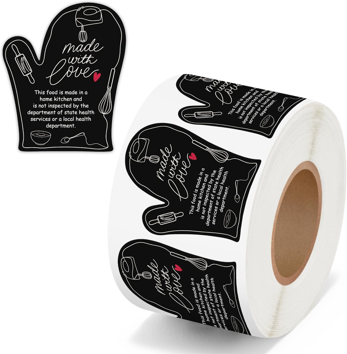 Cottage Food Law Labels Stickers - 500 Count Homemade with Love Adhesive Round Decal Roll, Made in a Home Kitchen Inspection Statement Thermal Printed for Baked Food Packaging (2 x 2 Inch)