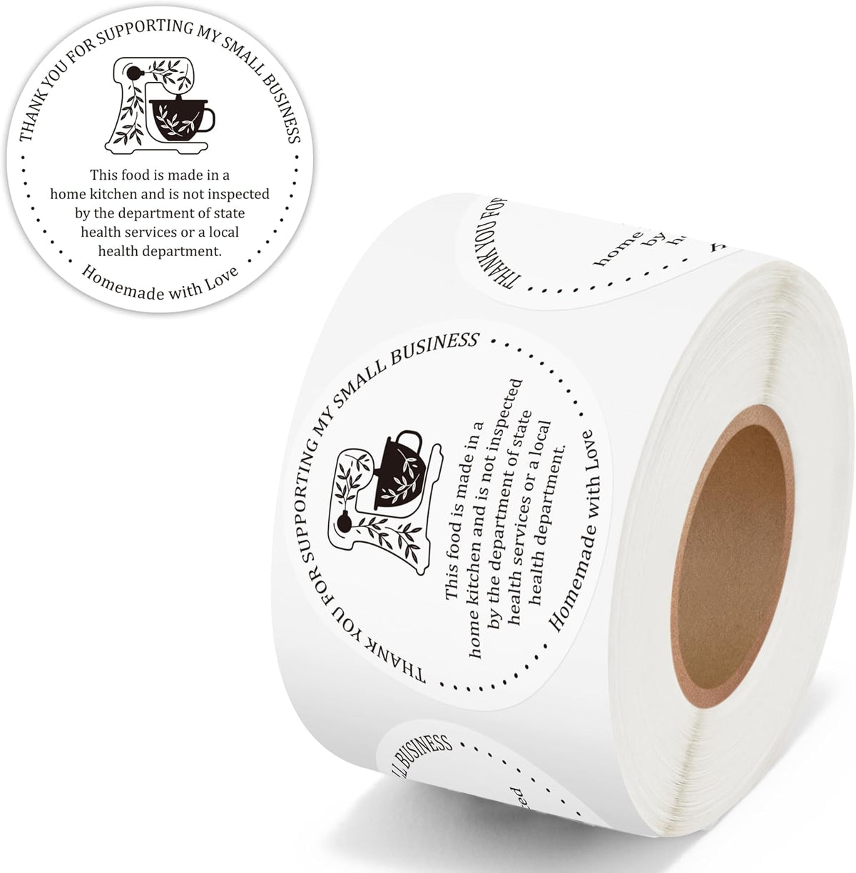 Cottage Food Law Labels Stickers - 500 Count Homemade with Love Adhesive Round Decal Roll, Made in a Home Kitchen Inspection Statement Thermal Printed for Baked Food Packaging (2 x 2 Inch)