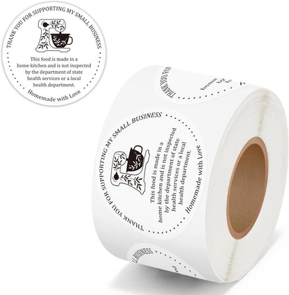 Cottage Food Law Labels Stickers - 500 Count Homemade with Love Adhesive Round Decal Roll, Made in a Home Kitchen Inspection Statement Thermal Printed for Baked Food Packaging (2 x 2 Inch)