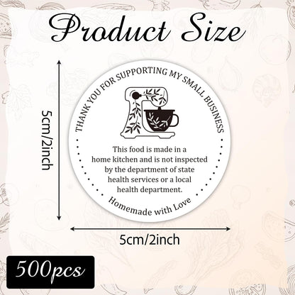Cottage Food Law Labels Stickers - 500 Count Homemade with Love Adhesive Round Decal Roll, Made in a Home Kitchen Inspection Statement Thermal Printed for Baked Food Packaging (2 x 2 Inch)
