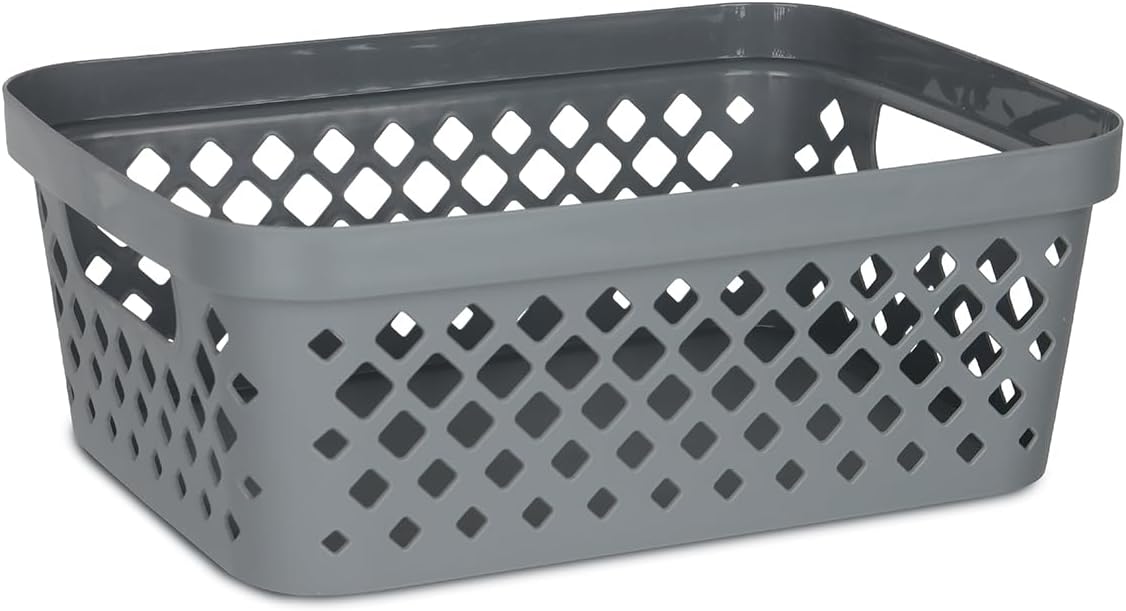 Glad Plastic Baskets for Organizing, Set of 6 | Pantry Storage for Under Counter, Linen Closet, and Bathroom | Nesting Shelf Bins with Handles, 1 Gallon, Grey