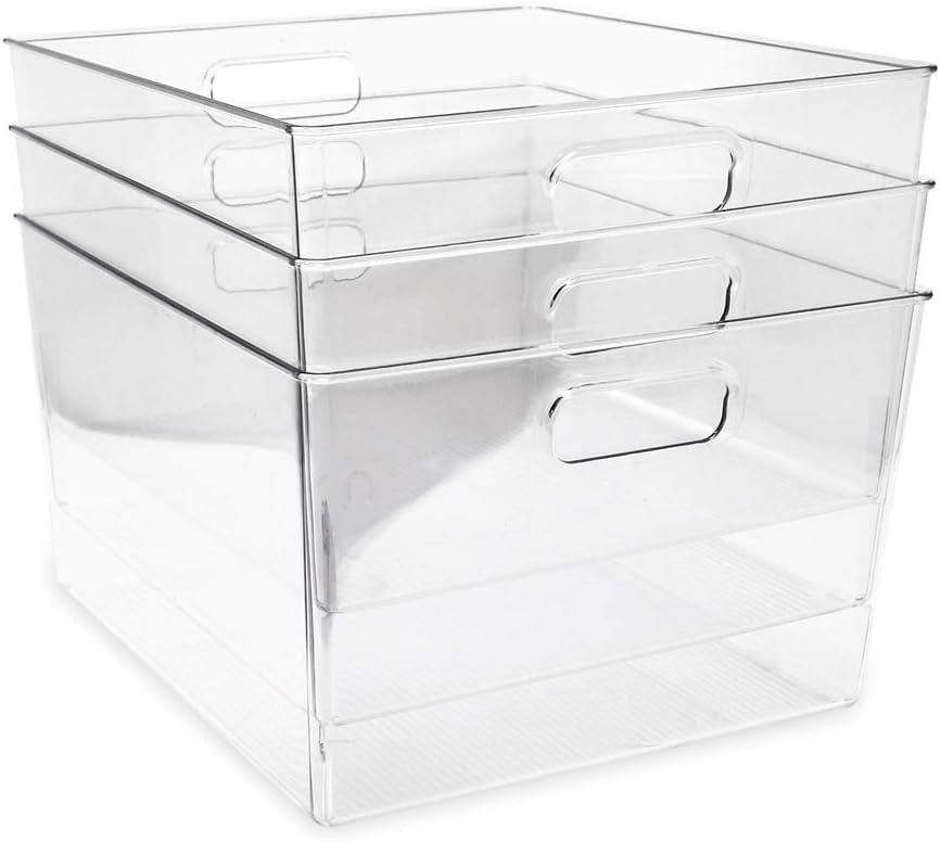 Isaac Jacobs 3-Pack Large Clear Storage Bins with Handles, Plastic Organizer for Home, Room, Office, Fridge, Kitchen/Pantry Non-Slip Container Set, Food Safe, BPA Free (3-Pack, Large)