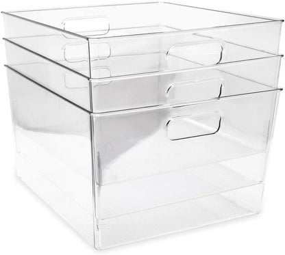 Isaac Jacobs 3-Pack Large Clear Storage Bins with Handles, Plastic Organizer for Home, Room, Office, Fridge, Kitchen/Pantry Non-Slip Container Set, Food Safe, BPA Free (3-Pack, Large)