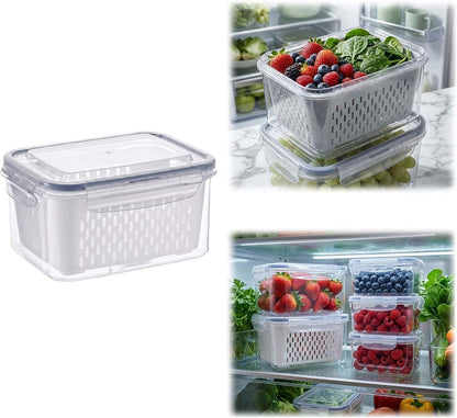 Fruit Storage Containers for Fridge with Removable Colander, Airtight Produce Storage Containers with Lids, Fridge Organizers and Storage for Berry, Fruit, Vegetables, Salad & Meal Prep (Gray, S+M+L)