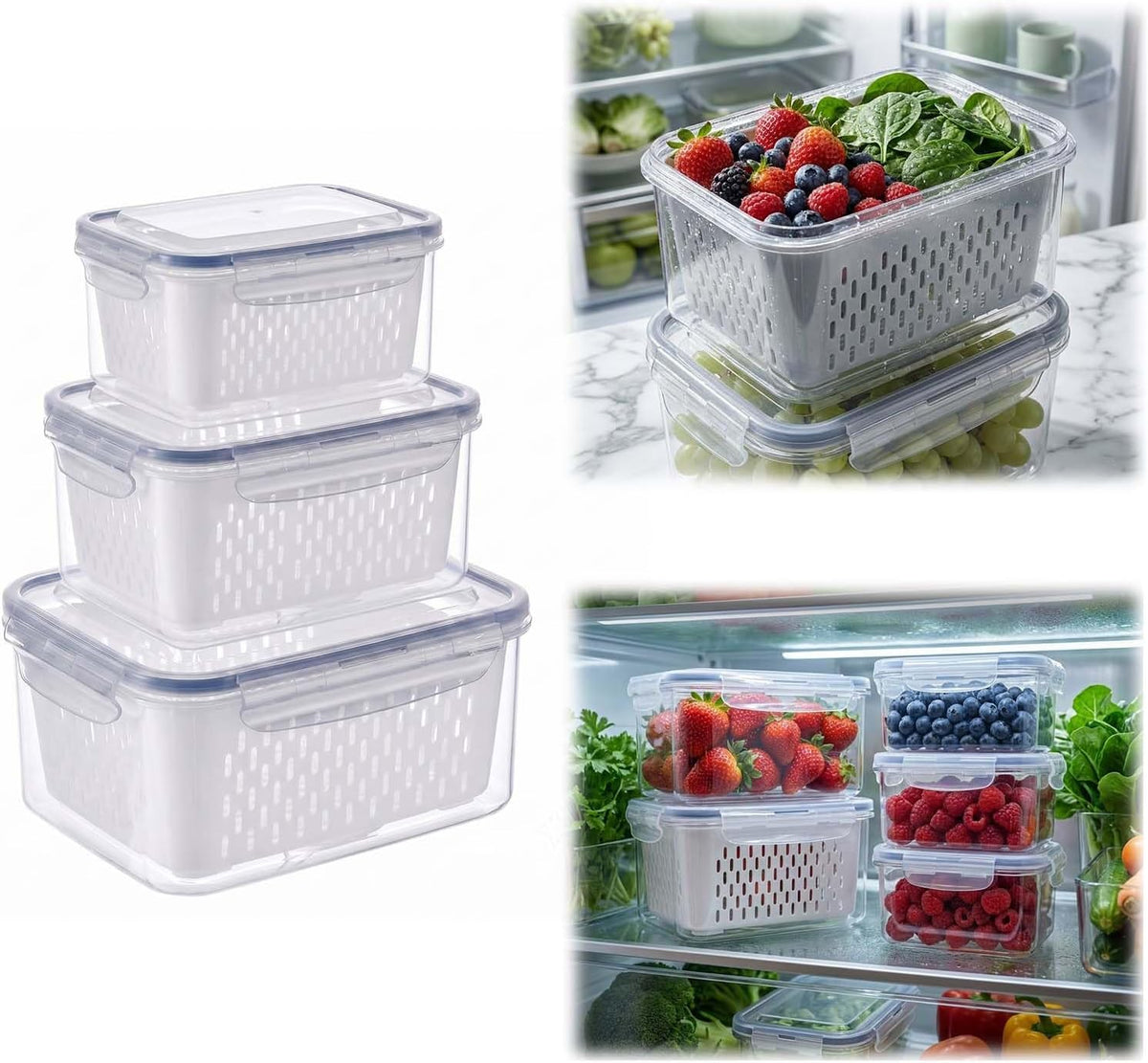 Fruit Storage Containers for Fridge with Removable Colander, Airtight Produce Storage Containers with Lids, Fridge Organizers and Storage for Berry, Fruit, Vegetables, Salad & Meal Prep (Gray, S+M+L)