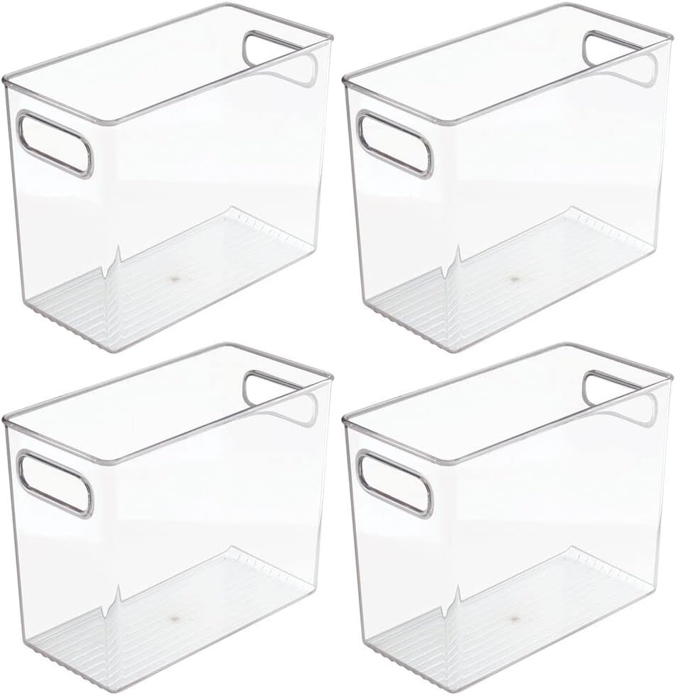 mDesign Plastic Deep Kitchen and Pantry Organizer Storage Bin with Handles for Cabinet, Fridge, Freezer - Food Storage Containers for Snacks, Yogurt Pouches or Fruit, Ligne Collection, 4 Pack, Clear