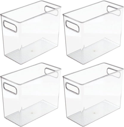 mDesign Plastic Deep Kitchen and Pantry Organizer Storage Bin with Handles for Cabinet, Fridge, Freezer - Food Storage Containers for Snacks, Yogurt Pouches or Fruit, Ligne Collection, 4 Pack, Clear