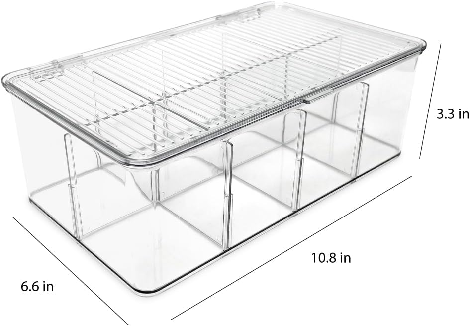 Isaac Jacobs Divided Clear Plastic Organizer (10.88" x 6.63" x 3.75") w/Hinged Lid & Removable Dividers, Stackable Box for Tea Bags, Office Supplies, Cosmetics, BPA-Free, Food Safe Pantry Container