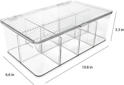 Isaac Jacobs Divided Clear Plastic Organizer (10.88" x 6.63" x 3.75") w/Hinged Lid & Removable Dividers, Stackable Box for Tea Bags, Office Supplies, Cosmetics, BPA-Free, Food Safe Pantry Container