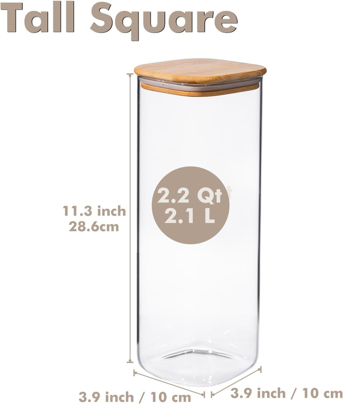 3-Pack 2.2Qt Square Glass Spaghetti Jars with Bamboo Lids, Tall Food Storage Containers for Pantry Organization, Elegant Kitchen Storage Canister for Pasta, Penne, Macaroni, Lasagna, Fusilli
