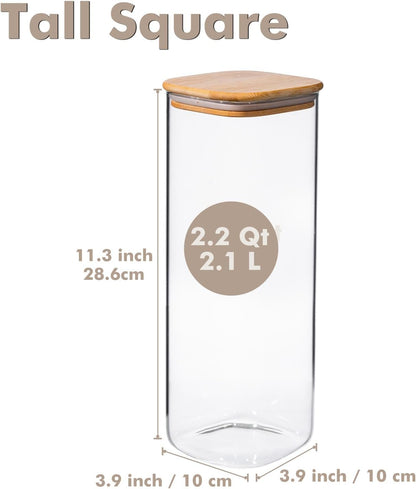 3-Pack 2.2Qt Square Glass Spaghetti Jars with Bamboo Lids, Tall Food Storage Containers for Pantry Organization, Elegant Kitchen Storage Canister for Pasta, Penne, Macaroni, Lasagna, Fusilli