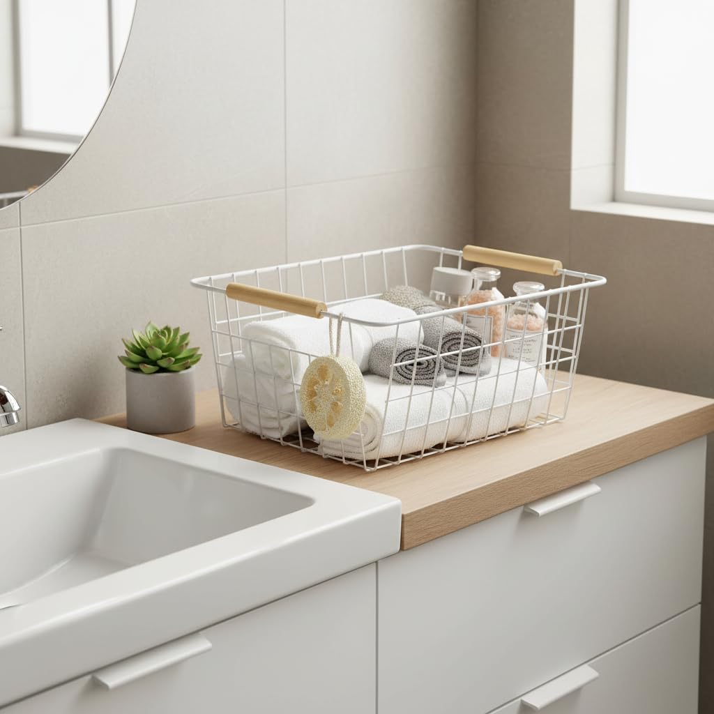 White Metal Wire Food Storage Basket with Wooden Handles for Organizing Snack Basket,Pantry Organizers and Storage for Kitchen Cabinets 4 Pack (Medium)