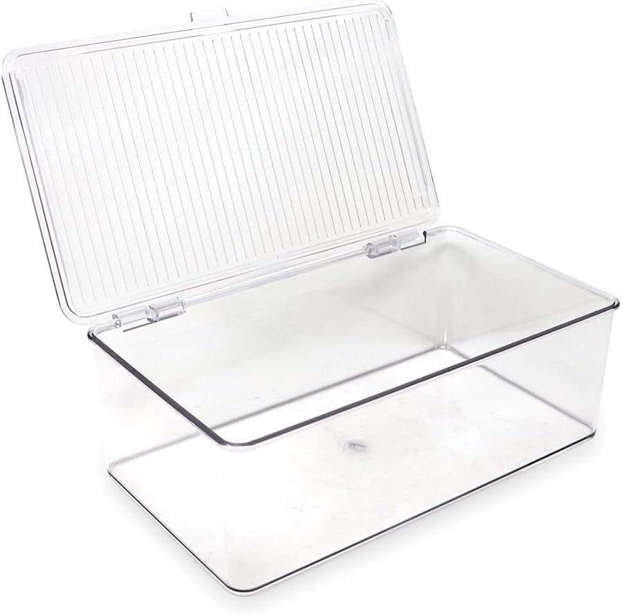 Isaac Jacobs Small Stackable Organizer Bin (10.75” x 6.5” x 2.4”) w Hinged Lid Clear Storage Box Home Office School Fridge Bathroom Kitchen Pantry Container BPAFree Food Safe (Small Clear)