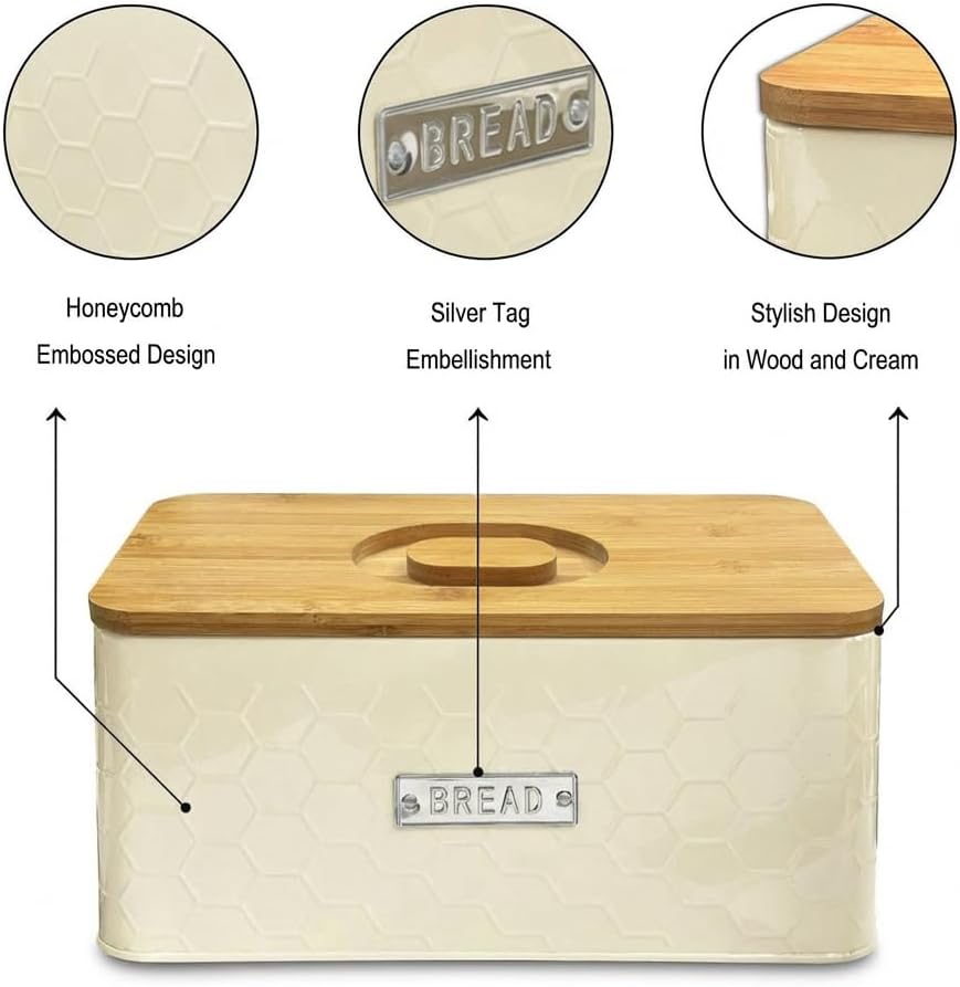 vensovo Bread Box for Countertop – Large White Metal Bread Bin with Bamboo Cutting Board Lid, Farmhouse Bread Storage Container for Homemade Bread, Baked Goods & Kitchen Counter Organization