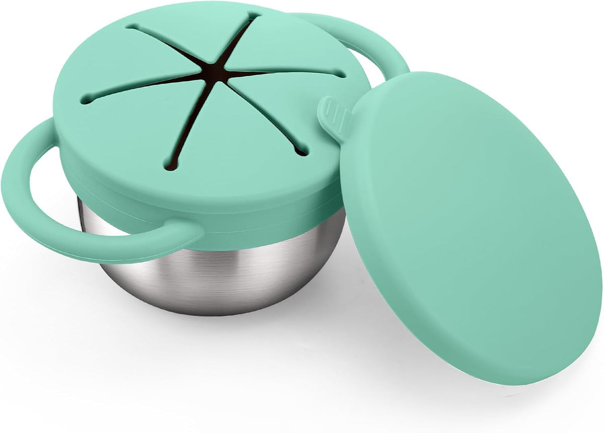 BUSOHA 2 Pack Stainless Steel Toddler Snack Cups - 9 OZ Spill-Proof Baby Snack Containers with Silicone Catcher and Lid Travel Snack Containers for Kids Food Grade Silicone Dishwasher Safe