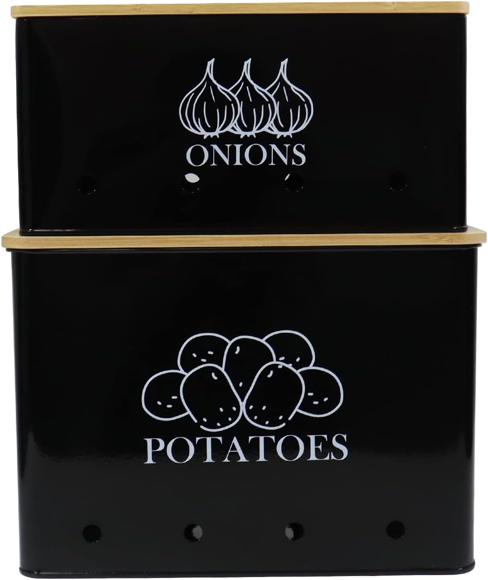 Potato and Onion Storage Bin Set of 2, Vented Metal Vegetable Storage with Wooden Lids, Farmhouse Kitchen Canisters for Countertop Pantry Organizer, Potato Bin Onion Holder for Produce Storage, Black