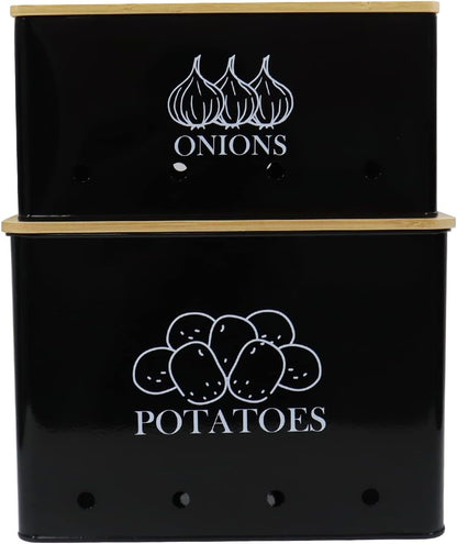 Potato and Onion Storage Bin Set of 2, Vented Metal Vegetable Storage with Wooden Lids, Farmhouse Kitchen Canisters for Countertop Pantry Organizer, Potato Bin Onion Holder for Produce Storage, Black