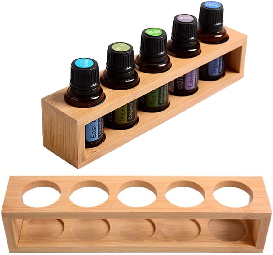 Sohynca Natural Bamboo Essential Oils Storage Rack fits 15ml bottles 1 Tier Tabletop Display Stand for Aromatherapy Bottles Storage Shelf fits 15ml 10ml 5ml bottles (5 Slots * 2pcs)
