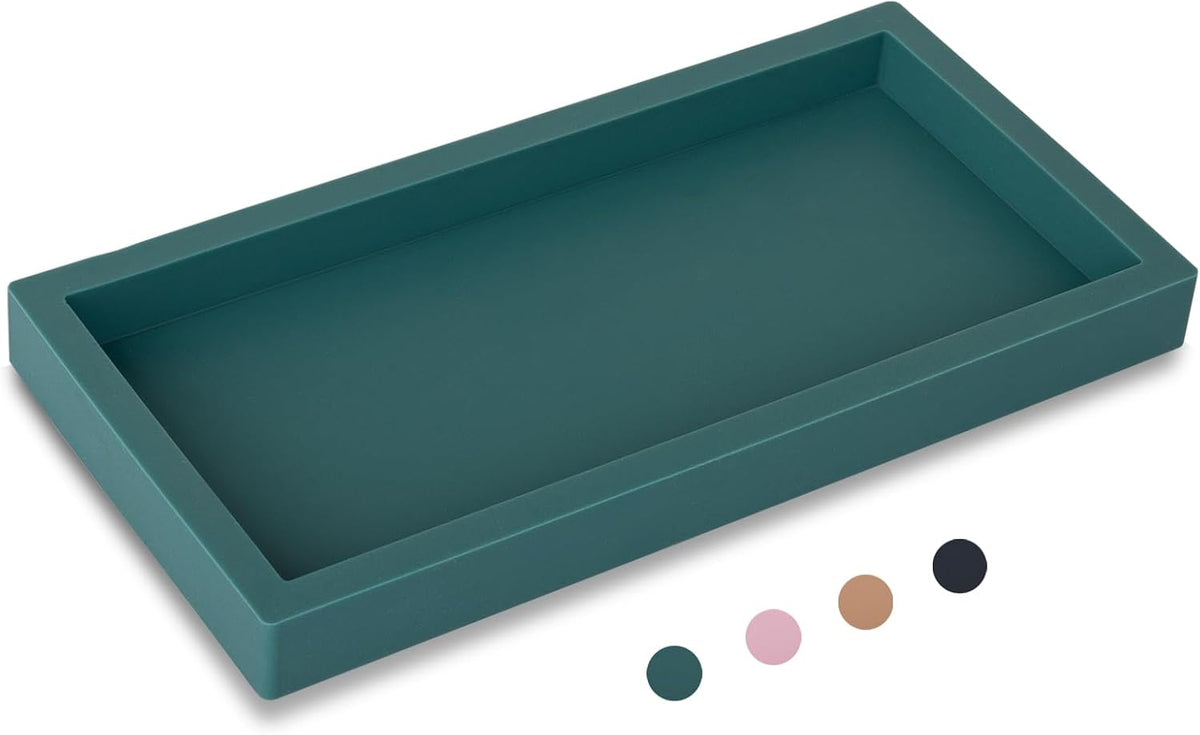 Small Silicone Bathroom Vanity Tray Rectangle Soap and Sponge Holder Kitchen Sink Organizer for Scrubber, Lotion Bottles, Perfume, Jewelry, Candle, Key Trinket Ring, Black