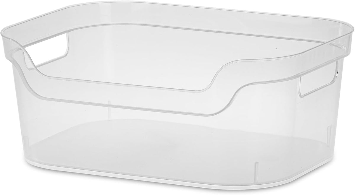 Sterilite 7 x 11 x 14.25 Inch Polished Open Scoop Front Storage Bin with Comfortable Carry Through Handles for Household Organization, Clear