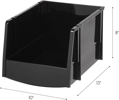IRIS USA Medium Stackable Storage Bins, 11" L x 6" W x 5" H |Made in USA| Plastic Open Front Shelf Bin for Organizing Parts, Hardware, Tools, Supplies, Garage Shelf, Pantry - Black