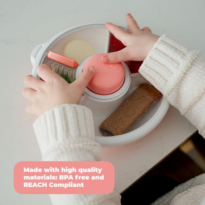GoBe Kids Small Snack Spinner Slide Bundle with Hand Strap and Sticker Sheet - Reusable Snack Container with 5 Compartment Dispenser and Lid | BPA/PVC Free | Dishwasher Safe | No Spill - Coral Pink