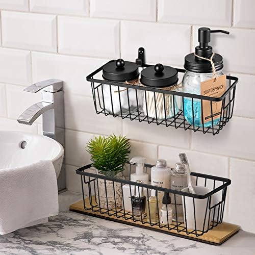 SheeChung Farmhouse Metal Wire Bin Basket with Wall Mount - Small, - Portable Hanging Wall Basket, Rustic Home Storage Organizer for Cabinets, Pantry, Closets, Bathroom, Kitchen,Bedroom(Black)