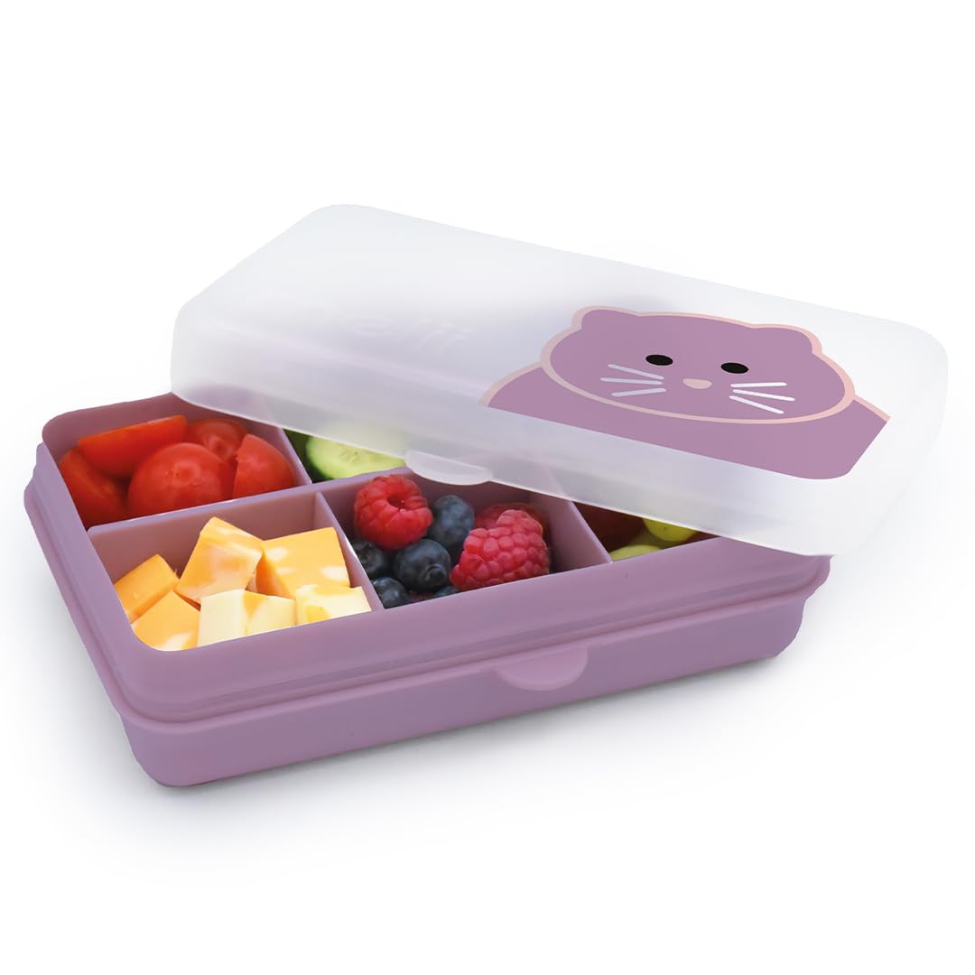 melii Snackle Box | 6-Compartment Divided Snack Container, BPA-Free Food Storage with Removable Dividers for School, Travel & On-the-Go Snacking Purple Cat