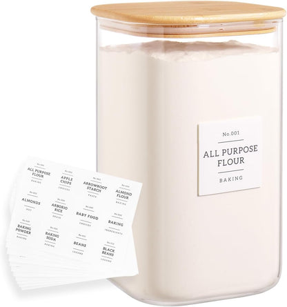 HHMJSM Large Glass Storage Jars With Airtight Bamboo Lid - 100 Fl Oz Thicken Kitchen Glass Food Storage Canister With 42 Pantry Labels - Big Clear Flour And Sugar Containers Farmhouse
