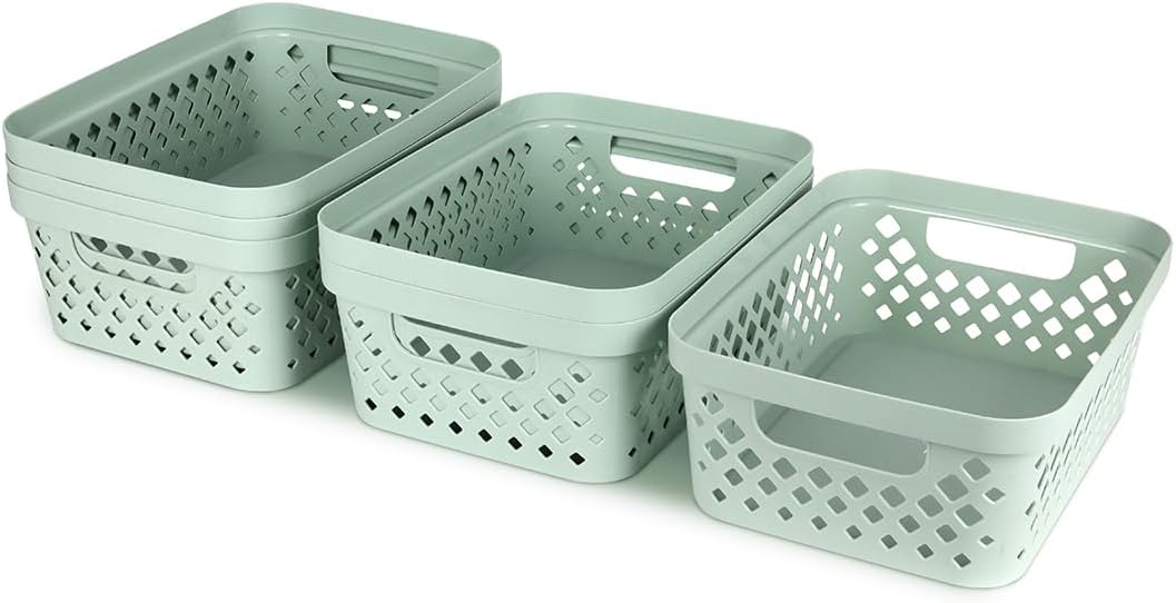 Glad Plastic Baskets for Organizing, Set of 6 | Pantry Storage for Under Counter, Linen Closet, and Bathroom | Nesting Shelf Bins with Handles, 1 Gallon, Grey