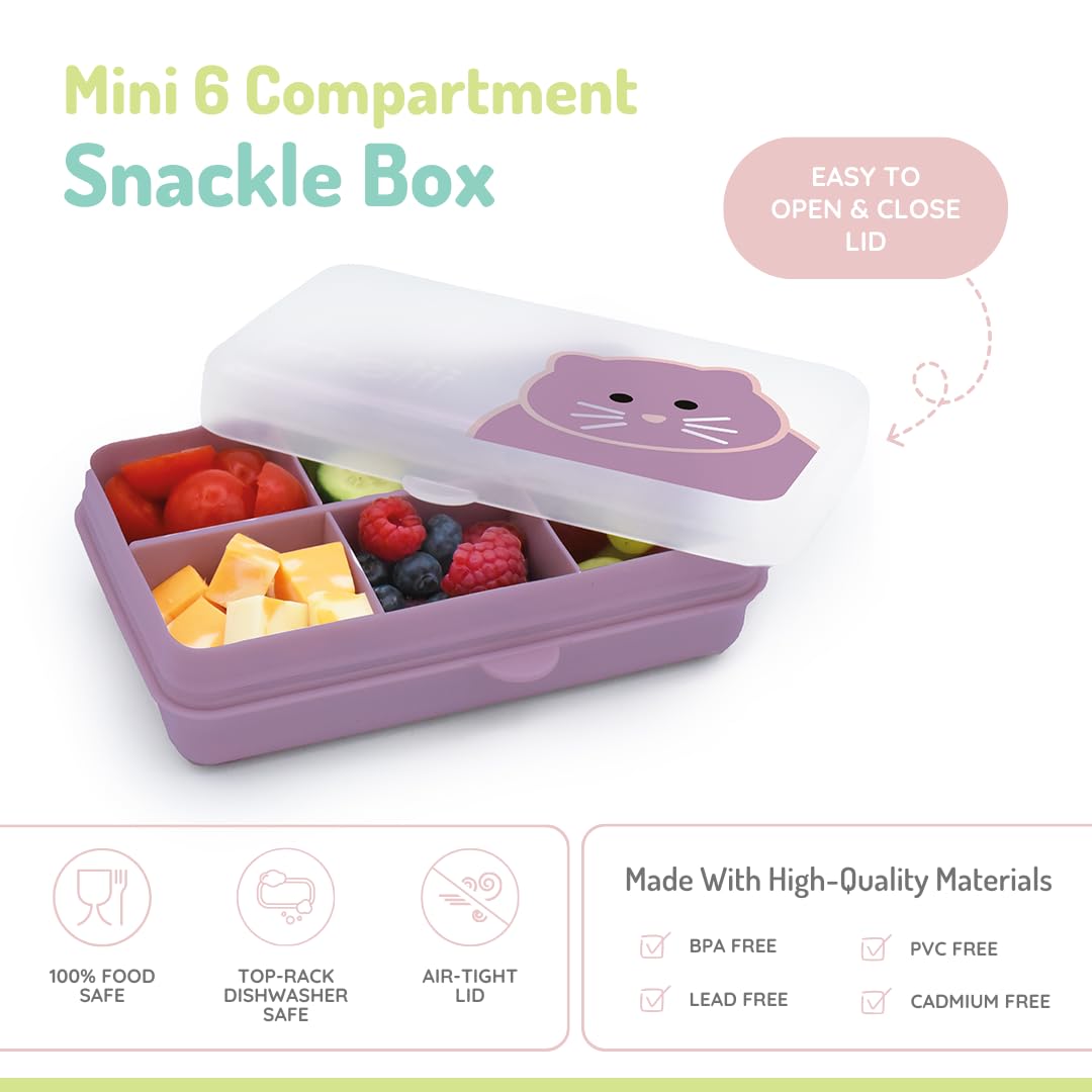 melii Snackle Box | 6-Compartment Divided Snack Container, BPA-Free Food Storage with Removable Dividers for School, Travel & On-the-Go Snacking Purple Cat