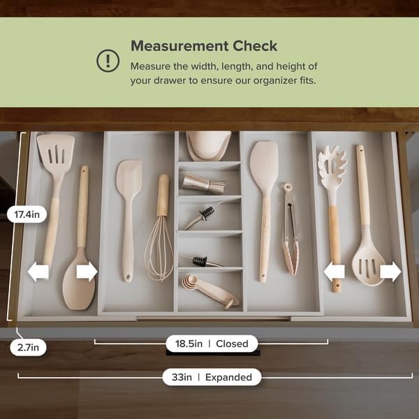 KitchenEdge Adjustable Bamboo Kitchen Drawer Organizer for Utensils and Junk, Expandable to 28 inches Wide, 9 Compartments