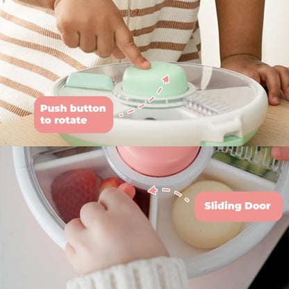 GoBe Kids Small Snack Spinner Slide Bundle with Hand Strap and Sticker Sheet - Reusable Snack Container with 5 Compartment Dispenser and Lid | BPA/PVC Free | Dishwasher Safe | No Spill - Coral Pink