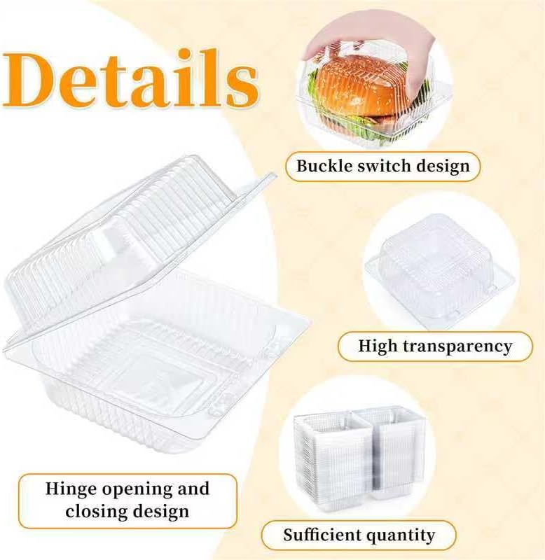 Evnlo 100 Count Clear Plastic Containers with Lids for Food, Thickened Disposable Sandwich Containers Clamshell Boxes for Cake Slice, Dessert, Hamburger, Salad, Pastry, Fruits, Takeout Tray
