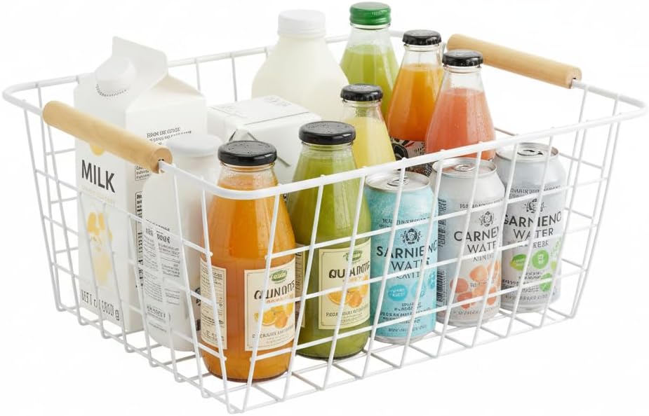 White Metal Wire Food Storage Basket with Wooden Handles for Organizing Snack Basket,Pantry Organizers and Storage for Kitchen Cabinets 4 Pack (Medium)