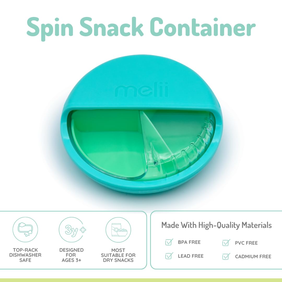 melii Spin Snack Container | 3-Compartment Rotating Snack Box with Sliding Window, BPA-Free, Dishwasher Safe, Portable Snack Container for Kids Ages 3+ (Blue)