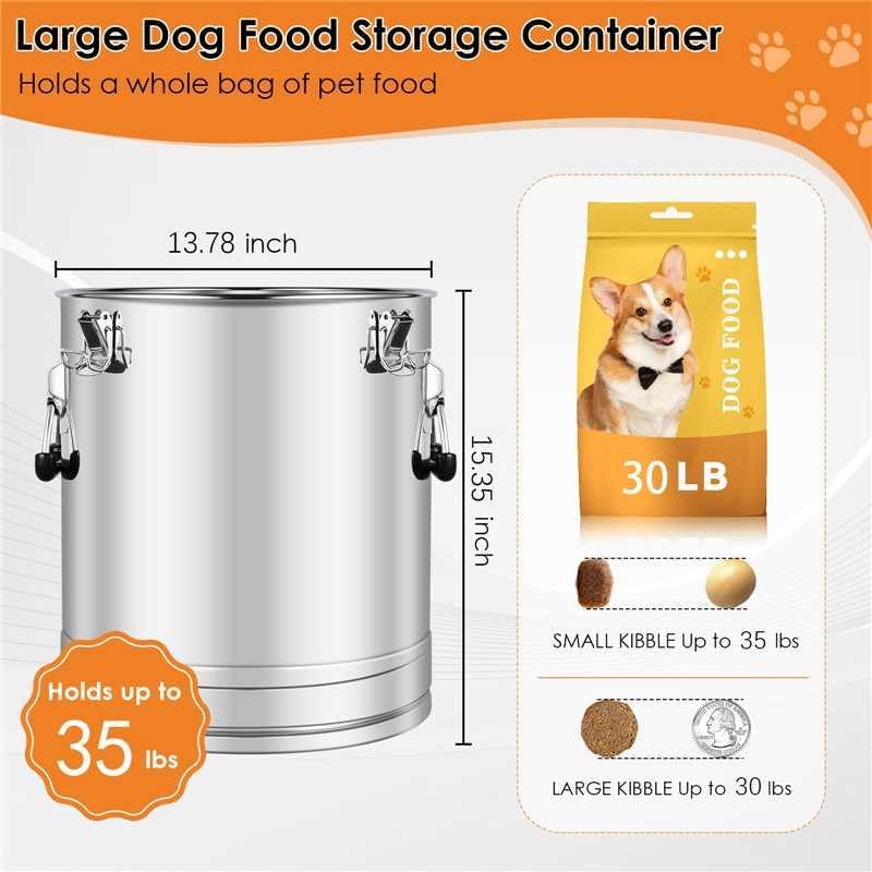 Stainless Steel Dog Food Storage Container,20LB/25LB Airtight Dog Food Storage Container with Lid to Keep Fresh,Easy Clean Large Pet Food Storage Container with Scoop for Cat Food,Chicken Feed,Rice