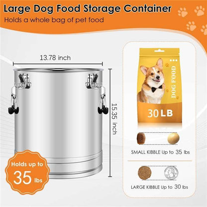 Stainless Steel Dog Food Storage Container,20LB/25LB Airtight Dog Food Storage Container with Lid to Keep Fresh,Easy Clean Large Pet Food Storage Container with Scoop for Cat Food,Chicken Feed,Rice