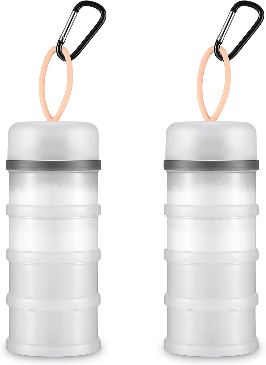 Baderke 2 Pcs Protein Powder Container with Funnels Stand, 4 Stackable Leakproof Protein Powder Dispenser, Portable Keychain Powder Container for Workout, Fitness, Travel(Gray, White)