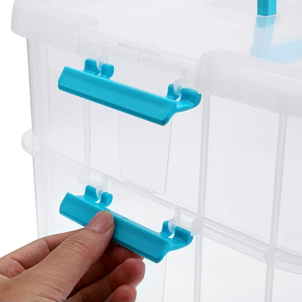 JUXYES 2-Tiers Stack Carry Storage Box With Handle, Transparent Stackable Storage Bin With Handle Lid Latching Storage Container for School & Office Supplies (Red)