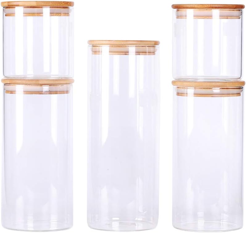 LEAVES AND TREES Y Stackable Kitchen Canisters Set, Pack of 5 Clear Glass Food Storage Jars Containers with Airtight Bamboo Lid for Candy, Cookie, Rice, Sugar, Flour, Pasta, Nuts